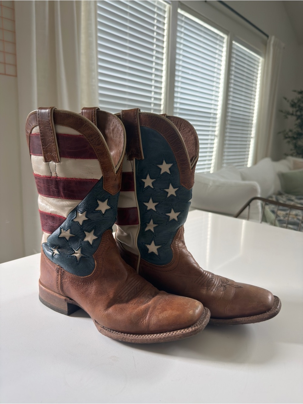 Men's American Flag Leather Cowboy Boots - Brown / Red / White / Blue